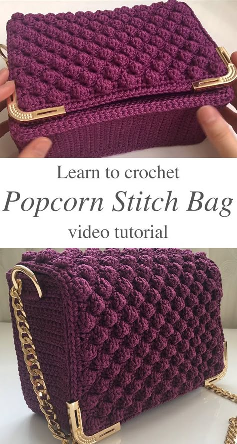 How To Crochet Popcorn Stitch Bag | CrochetBeja Crochet Popcorn Stitch, Popcorn Stitch Crochet, Clover Crochet, Crochet Popcorn, Blocking Mats, Popcorn Bag, Stitch Bag, Popcorn Stitch, Handheld Steamer