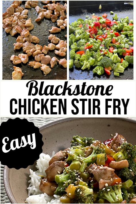 Blackstone Chicken Stir Fry - use your Blackstone or your favorite griddle to make this quick, easy, and delicious chicken stir fry!  Chicken, broccoli, and red bell pepper get a quick stir fry and then seasoned with a flavorful, slightly spicy sauce. Chicken And Broccoli On Blackstone, Chicken Stir Fry On Blackstone, Blackstone Chicken Stir Fry Recipes, Blackstone Chicken Stir Fry, Blackstone Chicken And Broccoli, Stir Fry On The Blackstone, Chicken Stir Fry On Blackstone Griddle, Black Stone Stir Fry Recipes, Stir Fry On Blackstone Griddle