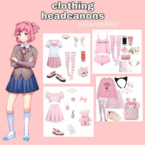 Natsuki Inspired Outfit, Ddlc Headcanons, Natsuki Cosplay, Clothing Headcanons, Character Closet, Ddlc Natsuki, Pretty Characters, Closet Cosplay, Kawaii Outfits