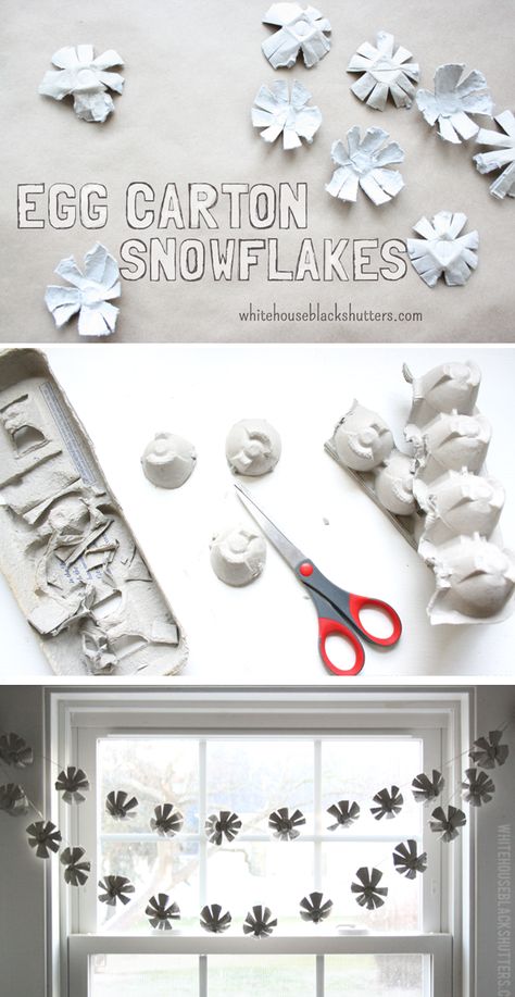 Simple Egg Carton Snowflakes! perfect indoor winter activity and fun for kids to make Egg Carton Christmas Ornaments, Egg Carton Crafts For Kids Christmas, Egg Carton Christmas Crafts, Egg Carton Crafts For Kids, Inexpensive Artwork, Egg Carton Art, Black Shutters, Winter Activity, Egg Cartons