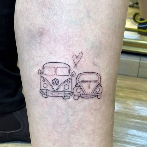 Couple Car Tattoos, Volkswagen Tattoo Ideas, Volkswagen Bug Tattoo, Volkswagen Van Tattoo, Volkswagon Tattoo, Cute Car Tattoos, Chevy Bowtie Tattoo, Vw Van Tattoo, Volkswagen Bus Tattoo