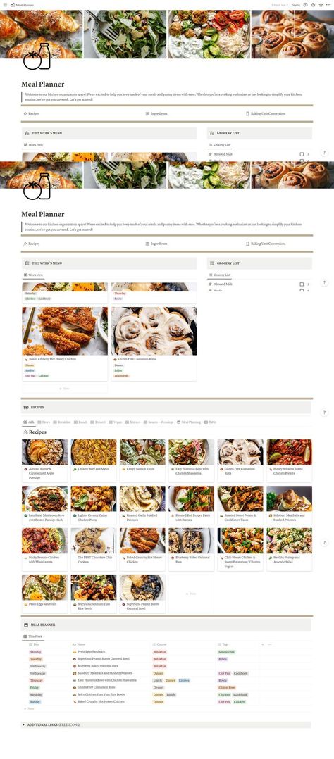 meal plan notion template Notion Meal Planner, Notion Ideas, Notion Aesthetic, Notion Dashboard, Meal Planner Template, Meal Planning Template, Notion Template, Digital Planning, Grocery List