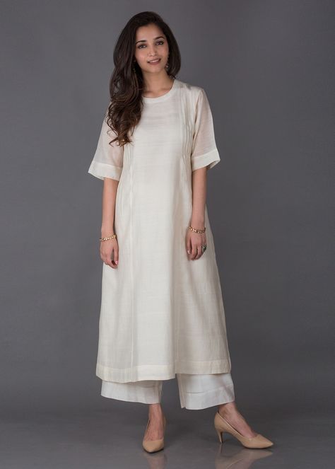 Off-White Silk Chanderi Ensemble Cotton Plazo Design, White Kurti Designs Latest, Linen Kurti Designs Latest, Simple Kurta Designs Classy, Kurti And Plazo Designs Latest, Off White Kurti Designs, Kurta Neck Design Latest Cotton, Suit Designs Indian Style Latest Cotton, Silk Kurti Designs Latest