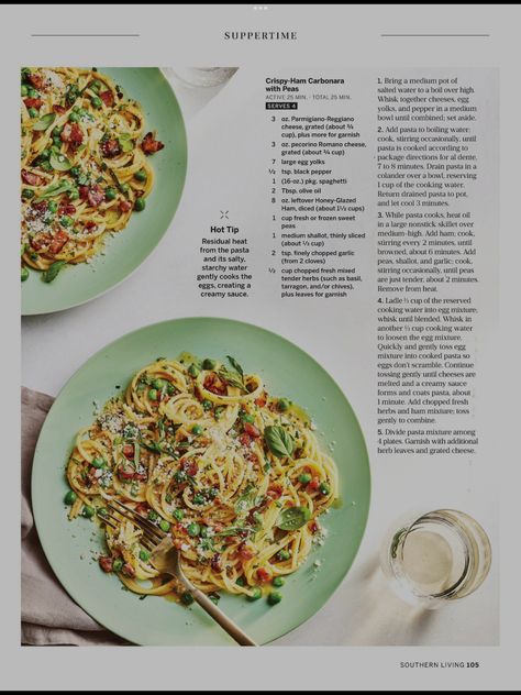 Ham Carbonara, Carbonara With Peas, Farmhouse Cooking, Southern Living Recipes, Pecorino Romano Cheese, Carbonara Pasta, Parmigiano Reggiano, Cheese Eggs, Southern Living