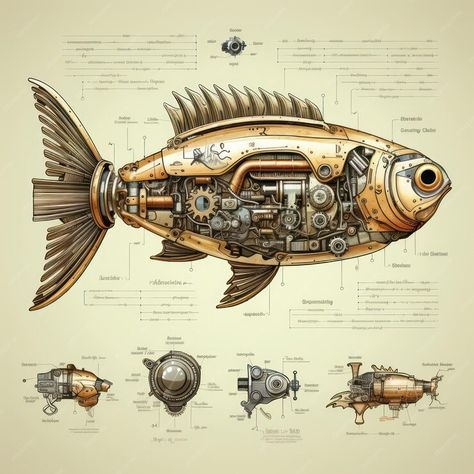 Premium AI Image | illustration Fish steampunk old paper poster look Steampunk Fish, Illustration Fish, Steampunk Illustration, Mechanical Animals, Fish Drawings, Steampunk Design, Steampunk Art, Paper Poster, Fish Art