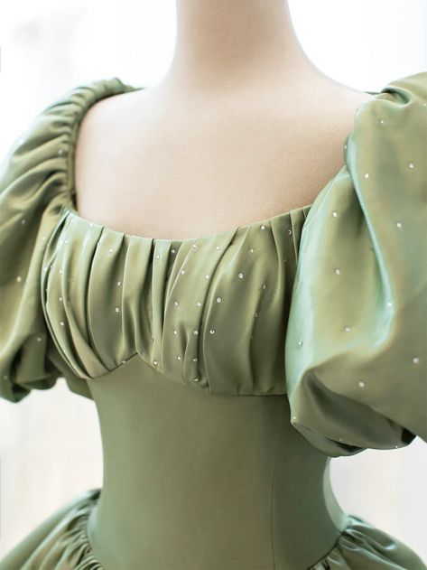 Green Satin Short Sleeves Ball Gown Long Formal Dress, Green Sweet 16 Dress