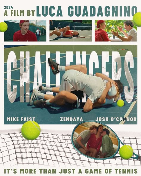 first movie graphic lets gooo 🎾 | @challengersmovie @zendaya Recreate Movie Posters, Colourful Movie Posters, Challengers Wallpaper, Collage Movie Poster, Movie Posters Collage, Iconic Movie Posters Graphic Design, Challengers Movie Poster, Challengers Poster Zendaya, Challengers Aesthetic