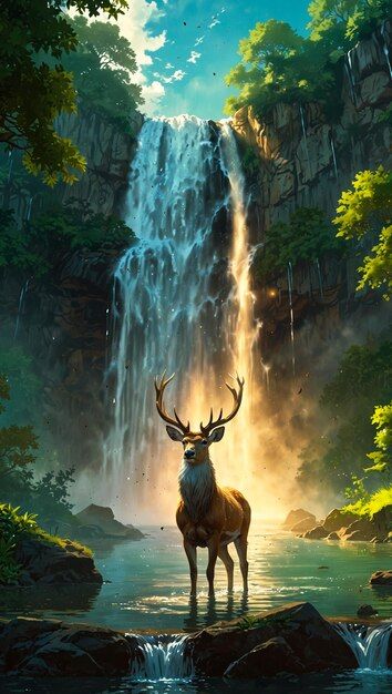 River Animals, Forest Drawing With Animals, Deer Landscape Drawing, Waterfall Drawing, Deer In The Woods Painting, Deer In Meadow Painting, Drawing Borders, Deers In The Forest, Deer In Forest Painting