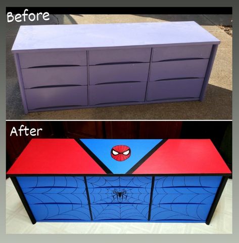 Spider Man Furniture, Spider Man Dresser Diy, Spiderman Furniture, Boys Spiderman Bedroom Ideas, Spiderman Dresser, Super Hero Dresser, Boys Spiderman Bedroom, Spiderman Bedroom Ideas, Boys Dressers