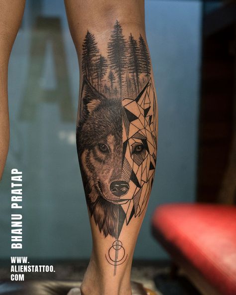 Wolf Tattoo Forearm, Aliens Tattoo, Calf Tattoo Men, Geometric Wolf Tattoo, Wolf Tattoos Men, Forearm Band Tattoos, Geometric Wolf, Tattoo Meanings, Silhouette Tattoos