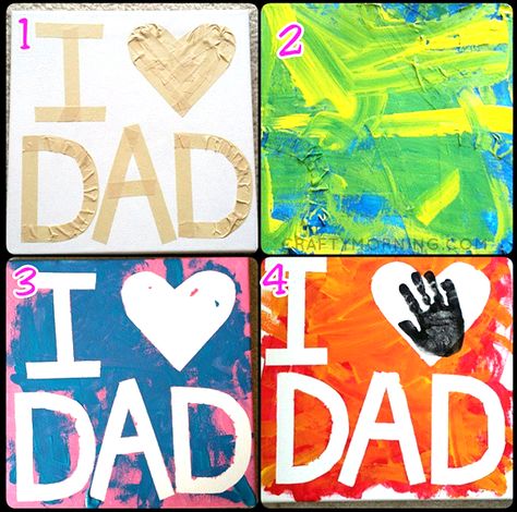 Have you ever tried tape resist painting with your kids? It’s the perfect activity for little ones to do because they CAN’T mess it up! All you have to do is put pieces of tape (preferably painter’s tape as it comes off easier) in the shape of letters and a heart. Then have the kids … Crafty Morning, Gifts From Kids, Diy Father's Day Gifts, I Love My Dad, Father's Day Diy, Fathers Day Crafts, Crafts For Kids To Make, Fathers Day Cards, Easy Kids