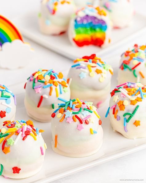 Rainbow Cake Balls | artsy-fartsy mama Rainbow Candy Buffet, Cake Pop Flavors, 3 Ingredient Cookies, Rainbow Theme Party, Rainbow Parties, Vanilla Cake Mixes, Rainbow Food, Rainbow Candy, Gel Food Coloring