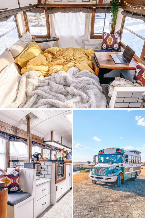 This Skoolie (School Bus Conversion), Little Gus The Bus, oozes stylish design and picturesque features. Bus Living Aesthetic, School Bus House Ideas, Skoolie Bedroom Ideas, Small Skoolie Conversion, Short Bus Conversion Layout, School Bus Living, School Bus Renovation, Bus Home Conversion, Renovated School Bus