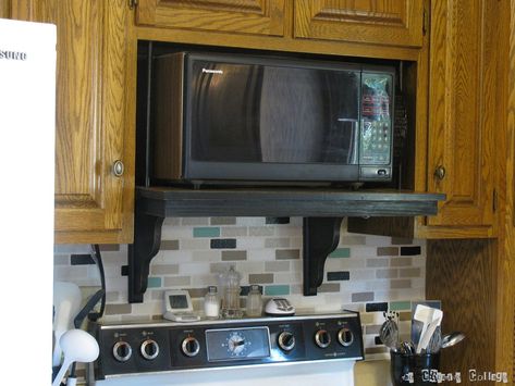 Microwave Shelf Update | Welcome to the Creative Collage - Come In ... Microwave Shelf Over Stove, Small Kitchen Island Ideas With Seating, Over The Stove Microwave, Kitchen Island Microwave, Microwave In Island, Best House Design, Compact Microwave Oven, Small Kitchen Island Ideas, Microwave Cabinet