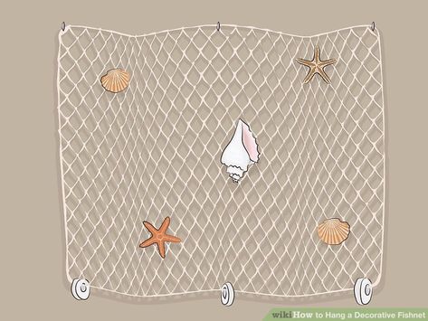 How to Hang a Decorative Fishnet (with Pictures) - wikiHow Fish Net Decor, Beach Inspired Bedroom, Hawaiian Party Decorations, Wall Corner, Ceiling Plan, Small Chandelier, Fish Net, How To Hang, Ceiling Installation