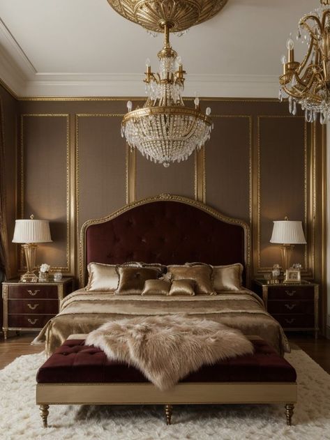 Bring an opulent touch to your bedroom aesthetic with a velvet tufted headboard, antique brass accents, and a plush faux fur rug. Complete the look with a crystal chandelier and rich, mahogany furniture for that old money charm. Velvet Tufted Headboard, Bedroom Aesthetic Dark, Bedroom Ideas For Small Rooms Diy, Unique Bedroom Design, Victorian Bedroom, Mahogany Furniture, Queen Room, Smart Home Design, Faux Fur Rug