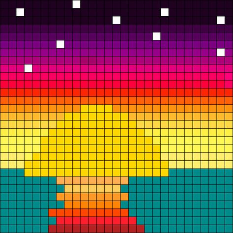 Sunset Ocean Pixel Art Sunset Easy, Sunset Perler Bead Pattern, Sunset Perler Beads, Sunset Pixel Art, Beginner Cross Stitch Patterns Free, Sunset Cross Stitch Pattern, Pixel Quilting, Graph Paper Designs, Easy Perler Bead Patterns