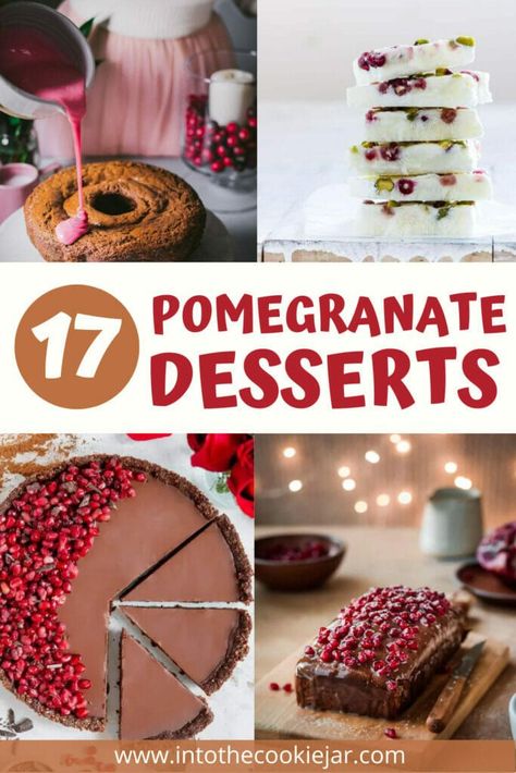 Delicious pomegranate desserts Pomegranate Baked Goods, Pomegranate Baking, Pomegranate Pie, Pomegranate Recipes Baking, Pomegranate Glaze, Pomegranate Dishes, Pomegranate Curd, Recipes With Pomegranate, Pomegranate Cupcakes