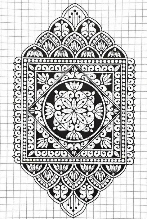 Mandala On Grid Paper, Graph Paper Art Design Pattern Ideas, Grid Paper Art, Grid Mandala, Mandala Pattern Design, Graph Paper Designs, Doodle Art Flowers, Mandala Doodle, Mandala Art Therapy