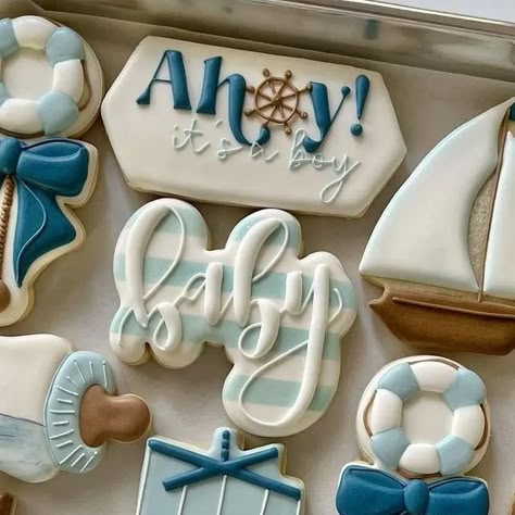 BRILLIANT COOKIERS 🍪 on Instagram: "Design by @cakemockery #brilliantcookiers #cookier #cookielovers #decoratedcookies #cookie #cookieart #sugarcookies #babycookies" Nautical Baby Shower Boy, Nautical Theme Baby Shower, Sailor Baby Showers, Baby Shower Sugar Cookies, Baby Boy Cookies, Baby Shower Nautical, No Bake Sugar Cookies, Cookie Recipes Decorating, Pirate Baby