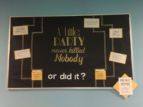 A Little Party Never Killed Nobody, Or Did it? This was my bulletin board for September about alcohol poisoning and the dangers of alcohol. It's Great Gatsby inspired, and it was a huge hit with my residents. #RA #ResLife #Bulletin #Board #Great #Gatsby #Alcohol #Awareness #ALittlePartyNeverKilledNobody Great Gatsby Classroom Decor, Great Gatsby Bulletin Board, Hall Themes, Dangers Of Alcohol, Ra Decorations, 20s Theme, April Ideas, Dorm Party, Alcohol Awareness