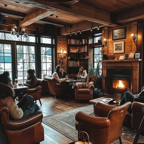 This inviting library lounge beckons with its warm, golden glow from a crackling fireplace and soft lighting. Leathered chairs offer comfortable seating for patrons immersed in their books or engaged in quiet conversation. Shelves filled with an assortment of literature line the walls, while the rich wooden decor exudes an old-world charm that invites visitors to unwind and lose track of time in the tranquility of this intellectual haven. Coffee Shop Lounge Area, Cafe Lounge Seating, Coffee Shop Couch, Library Cafe Aesthetic, Speakeasy Library, Charming Bookstore, Office Lounge Area Design, Coffee Shop Seating, Fireplace Library