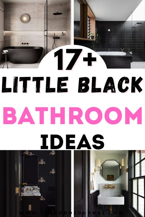 Use this collection of Little Black Bathroom Ideas to bring a fresh, stylish vibe to your home. From bold color palettes to sleek finishes, these ideas will help you create a bathroom that feels both sophisticated and cozy. See how Little Black Bathroom Ideas can make a small space feel elegant and modern. Paint Color For Black And White Tile Bathroom, Black Bathroom Fixtures Inspiration, Black Bathroom Ideas Modern, White Bathroom With Black Accents, Black Half Bathroom, Dark Tile Bathroom, Small Dark Bathroom, All Black Bathroom, Black Bathroom Floor