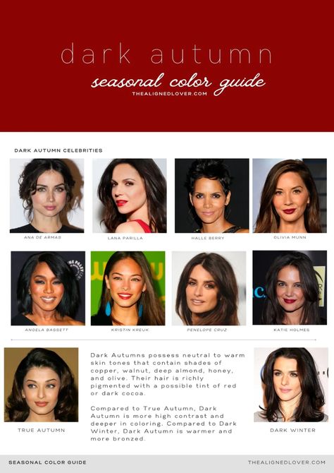 Guide to the Dark Autumn Seasonal Color Palette | The Aligned Lover Dark Autumn Celebrities, Autumn Seasonal Color Palette, Autumn Celebrities, Deep Autumn Palette, Autumn Color Palette Fashion, Seasonal Color Palette, Deep Autumn Color Palette, Autumn Skin, Guide To