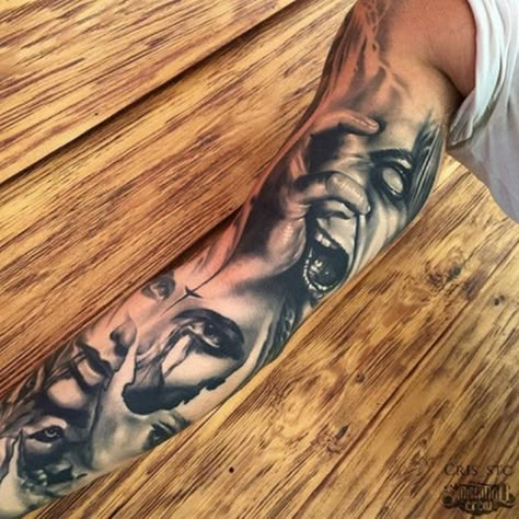 Skull Sleeve Tattoos, Evil Tattoos, Sick Tattoo, Scary Tattoos, Sweet Tattoos, Creepy Tattoos, Geniale Tattoos, Tatuaje A Color, Horror Tattoo