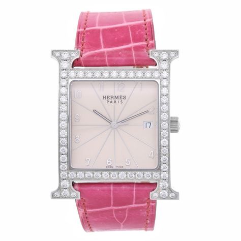 Think PINK when it comes to romantic gifts for her this Valentineâs Day! This Hermes Stainless Steel Heure Watch features an âHâ shaped diamond bezel and a hot pink leather strap. For more diamond watch ideas visit our blog! #Hermes #HermesWatch Hermes Apple Watch, Hermes Watch, Classy Watch, Pink Watch, Romantic Gifts For Her, Heart Shaped Diamond, Antique Diamond, Romantic Gifts, Bezel Diamond