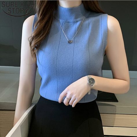 Convention Outfits, Turtleneck Fashion, High Neck Sleeveless Top, Turtleneck Tank Top, Sleeveless Knit Top, Sleeveless Turtleneck, Ladies Tops, Summer Blouses, Casual Tops For Women