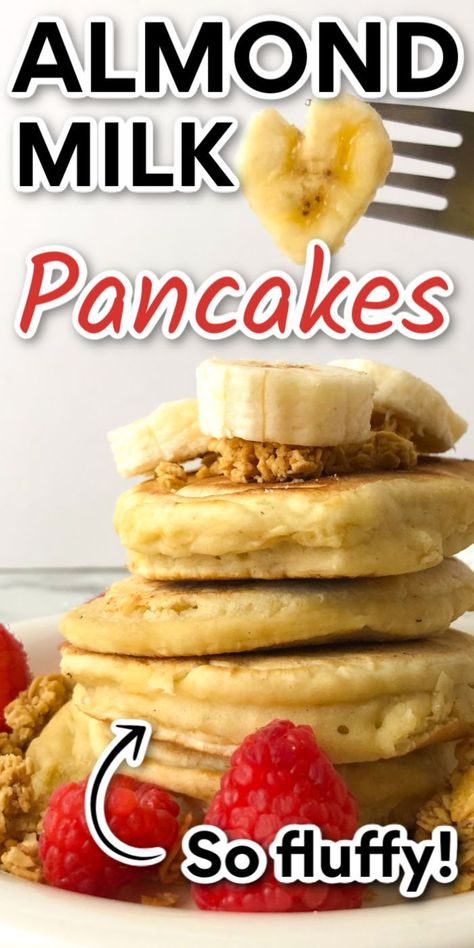 These fluffy pancakes with almond milk are kid friendly and dairy free! This recipe is easy and full of delicious vanilla flavor perfect with banana, raspberries or granola. Just grab the maple syrup!#onmykidsplate #pancakes #dairyfree #almondmilk #brunch #breakfast #breakfastrecipe #favoriterecipes #recipeideas #homemade #breakfastrecipe Banana Almond Milk Recipes, Non Dairy Pancake Recipe, Pancake Dairy Free, Pancake Recipe Different Flavors, Healthy Dairy Free Pancakes, Pancake Recipe With Almond Milk, Waffles With Almond Milk, Almond Milk Baking Recipes, Dairy Free Pancakes Almond Milk