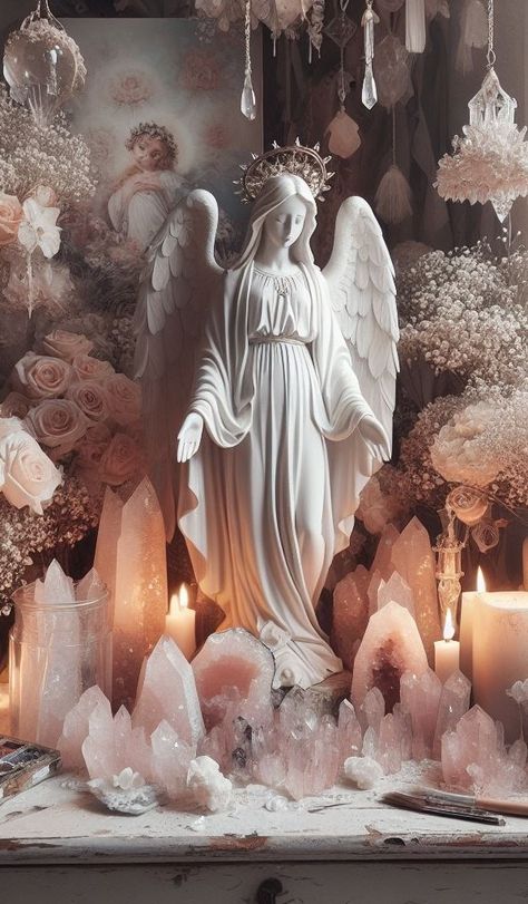 Altar For Angels, Angel Altar Ideas, Angel Altar, Crystal Room Decor, Spiritual Altar, Spirit Magic, Crystal Room, Tout Rose, Crystal Altar