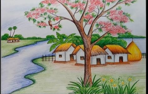 Pencil Drawing Nature, Village Scene Drawing, Sketch Nature, Scenery Drawing For Kids, Easy Scenery Drawing, Village Scenery, Village Drawing, Nature Drawings, Crayon Drawing