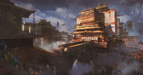 ArtStation - Fantasy Tibetan Town , Donglu Yu Castle Painting, Concept Art World, Fantasy Worlds, Scenery Background, Cyberpunk City, Game Concept Art, Game Concept, Environment Concept Art, Medieval Fantasy