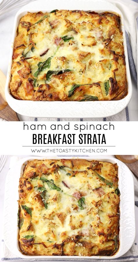 Ham and Spinach Breakfast Strata by The Toasty Kitchen #breakfast #brunch #strata #casserole #bread #eggs #cheese #ham #spinach #homemade #overnight #overnightcasserole #overnightbreakfast #easyrecipe #thanksgivingbreakfast #christmasbreakfast #recipe Spinach Strata Recipe, Grilled Ham And Cheese Sandwich, Ham And Egg Casserole, Strata Recipes Breakfast, Ham Breakfast Casserole, Strata Recipes, Breakfast Strata, Spinach Breakfast, Ham Breakfast