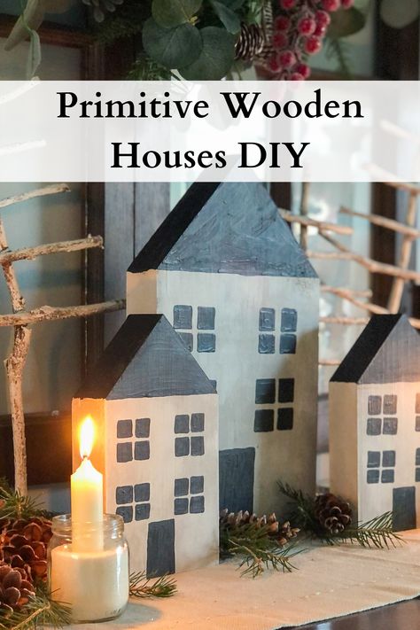 Primitive Wooden Houses DIY - How to Make Painted Houses from Scrap Wood - Easy Budget Friendly DIY Project - Perfect for Christmas, Winter, or anytime. Follow along at www.hymnsandhome.com or on Instagram @hymnsandhome Scrap Wood Xmas Projects, Wooden Houses Craft Christmas, Christmas Wood Village Diy, Wooden Block Houses Diy Christmas, Wooden Block Houses Diy, Small Wood Houses Diy, Mini Wood Houses Diy, Decorative Wooden Houses, Primitive Wood Decor