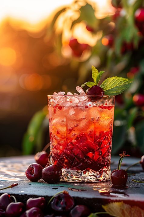 Cherry Whiskey Smash Whiskey Smash Cocktail, Cherry Bourbon Smash, Cherry Whiskey, Whiskey Smash, Cherry Drink, Bourbon Smash, Whiskey Cake, Mint Simple Syrup, Refreshing Cocktail