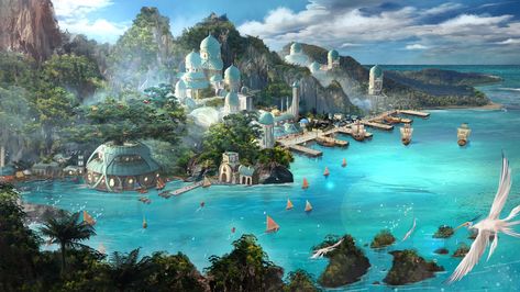 Song Artwork, Elf City, Water Temple, Harbor City, City Island, Episode Backgrounds, Fantasy Rooms, Fantasy Decor, Scene Art