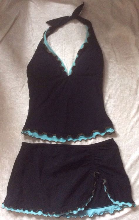 , Black Tankini Bathing Suit, Aesthetic Two Piece Swimsuit, Tankini Swimsuits Aesthetic, Y2k Tankini Aesthetic, Modest Cute Swimwear, Tankini Swimsuits For Women Aesthetic, Swim Skirt Outfits, 2000s Tankini, Scene Swimsuit