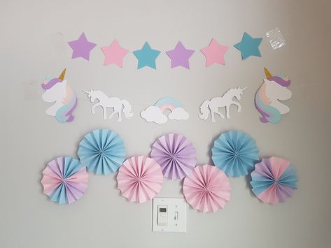 unicorn first birthday party decor. Paper garlands and mini pastel paper fans #paperfans #unicorn #firstbirthday Pastel Birthday Party Decorations, Unicorn First Birthday Party, Diy Birth Announcement, Unicorn Garland, Unicorn First Birthday, First Birthday Party Decor, Birthday Theme Decoration, Paper Fan Decorations, Mini Pastel