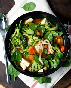 Veggie Miso Udon Soup - Produce On Parade Miso Udon Soup, Udon Soup Recipe, Miso Udon, Udon Soup, Eat Veggies, Miso Soup, Bowl Of Soup, Eating Recipes, Brussels Sprouts