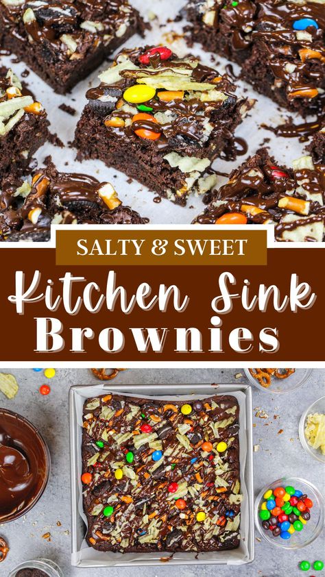 Sweet And Salty Brownies, Kitchen Sink Brownies, Gourmet Brownies Ideas, Savory Brownies, Brownie Bar Party Ideas, Gourmet Brownies Recipes, Brownie Deserts, Brownie Sandwich, Salty Sweet Desserts