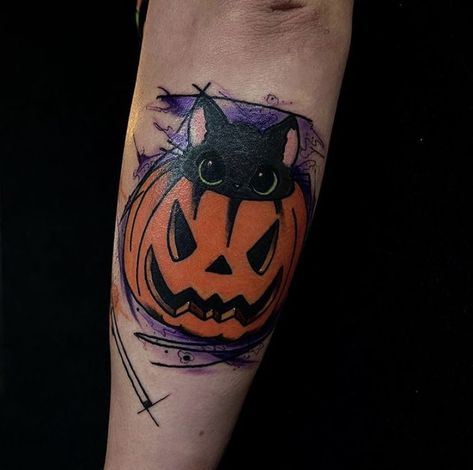 Cat In Pumpkin Tattoo, Black Cat Pumpkin Tattoo, Black Cat With Pumpkin Tattoo, Stitch Halloween Tattoo, Pumpkin And Cat Tattoo, Cat Pumpkin Tattoo, Pumpkin Cat Tattoo, Halloween Cat Tattoo, Pumpkin Tattoos