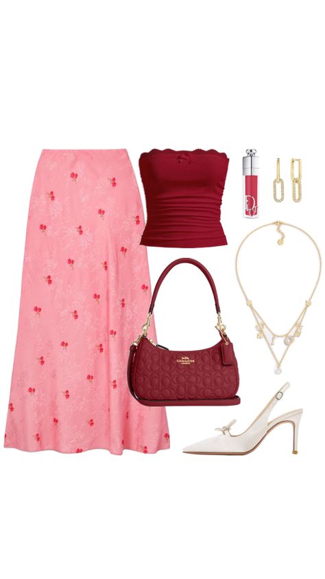 #outfit #aesthetic Light Pink And Red Outfit, Cool Summer Tone Outfits, Pink And Red Aesthetic Outfit, Red And Pink Outfits For Women, Regina George Aesthetic Outfit, Pink And Red Outfit Aesthetic, Girly Polyvore Outfits, Red Head Outfits, Pink Club Outfit