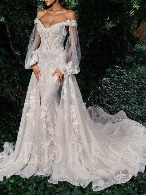 Long Sleeve Mermaid Wedding Dress With Overskirt, Bishop Sleeve Mermaid Wedding Dress, Wedding Dresses Special, Mermaid Dress Long Train, Lace Mermaid Wedding Dress Long Sleeve, Wedding Dresses Scandalous, Mermaid Train Wedding Dress, Stunning Long Sleeve Wedding Dress, Off The Shoulder With Sleeve Wedding Dress