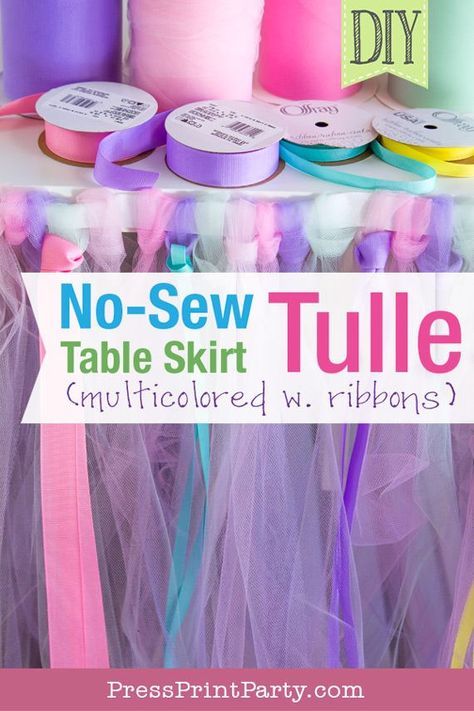 DIY Tulle Table Skirt: How to make a Rainbow, multicolored No Sew tulle table skirt tutorial. Perfect for your unicorn party, princess party, wedding, or baby shower. Learn how much tulle you need and use ribbons to add color and fun. Pink, purple, mint, yellow. By Press Print Party! #unicornparty #tulleskirt #diy #rainbowtulleskirtsdiy Diy Table Skirts, Tutu Table Skirt, Unicorn Food, Baby Ellie, Tutu Table, Diy Tutus, Tulle Table Skirt, Diy Tulle, Tulle Table