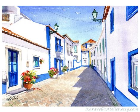 My watercolors about Portugal, Ericeira, Obidos, Praia Mira, Porto Houses Painting, Street Watercolor, Blue Houses, Ericeira Portugal, Atelier Art, Street Painting, Seaside Town, Seaside Towns, Bedroom Art