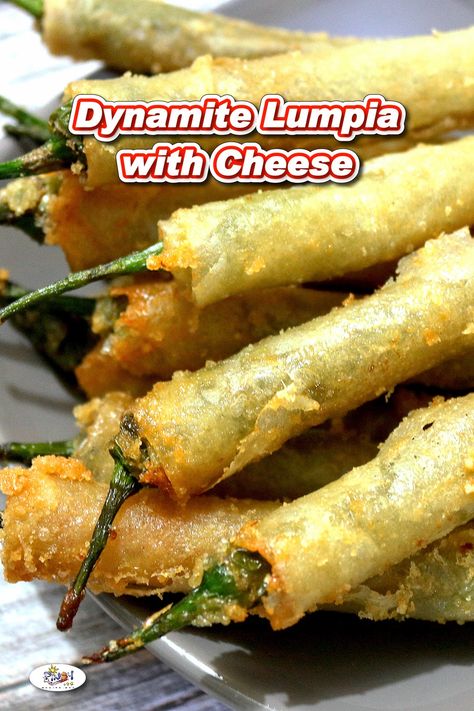 Dynamite Cheese Sticks Recipe or Dynamite Lumpia with Cheese is so spicy it will blow you away because this lumpia is made with green chili peppers. via @filipinorecipes Dynamite Lumpia, Maja Blanca Recipe, Dynamite Recipe, Filipino Appetizers, Phillipino Food, Cheese Sticks Recipe, Lumpia Recipe, Pinoy Recipe, Filipino Dessert