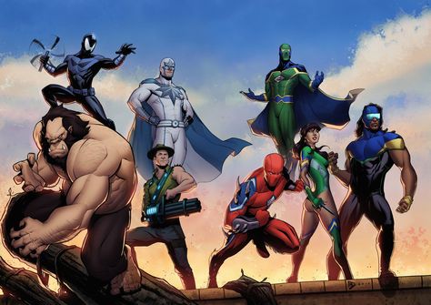 ArtStation - UMC: League of Latinamerican Heroes, Facundo Moyano City Of Heroes, League Of Heroes, Superhero Team, Superhero Characters, Bd Comics, Superhero Design, Superhero Art, Superhero Comic, Comic Heroes